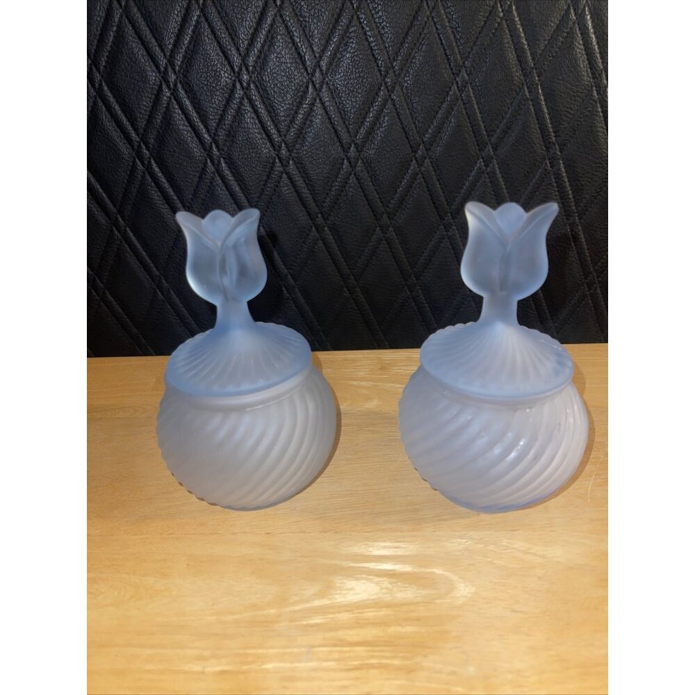 Vintage Frosted Glass Tulip Lid Candy Jar Set